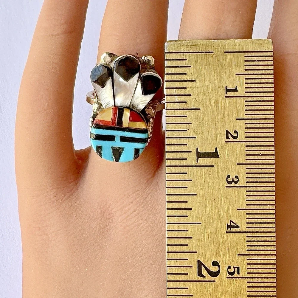 Zuni Sunface Turquoise Ring Sz 7 Headdress Native American Sterling Handmade